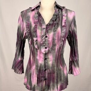 Bay Studio Petite Ruffle Button Down Blouse Pink Gray PM